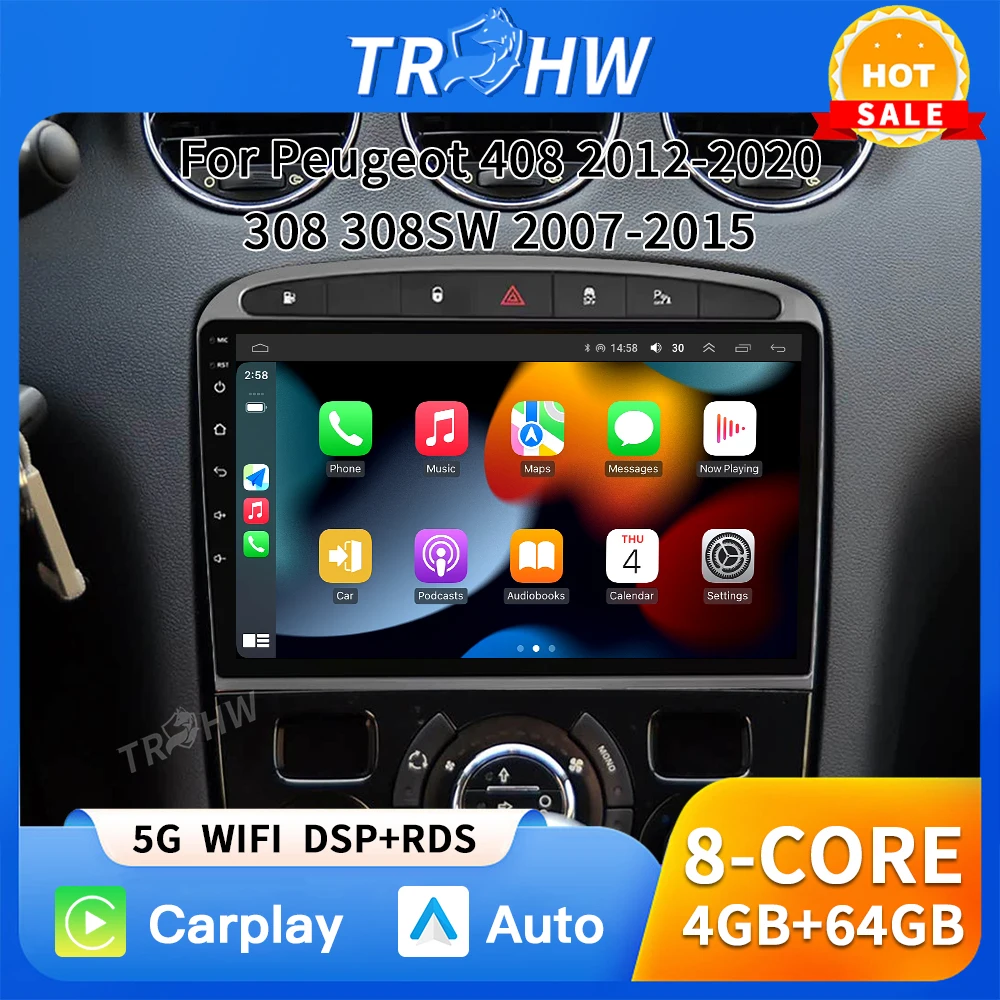 أندرويد السيارات لبيجو RCZ 308 SW 2007 - 2015 408 2012 - 2020 راديو السيارة الوسائط المتعددة نظام تحديد المواقع والملاحة اللاسلكية Carplay DSP No 2din