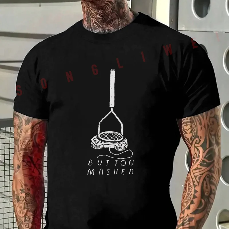 

Button Masher Graphic Motorcycle T-Shirt Men's Summer Casual Fashion Short Sleeve Tshirt Tops Tee