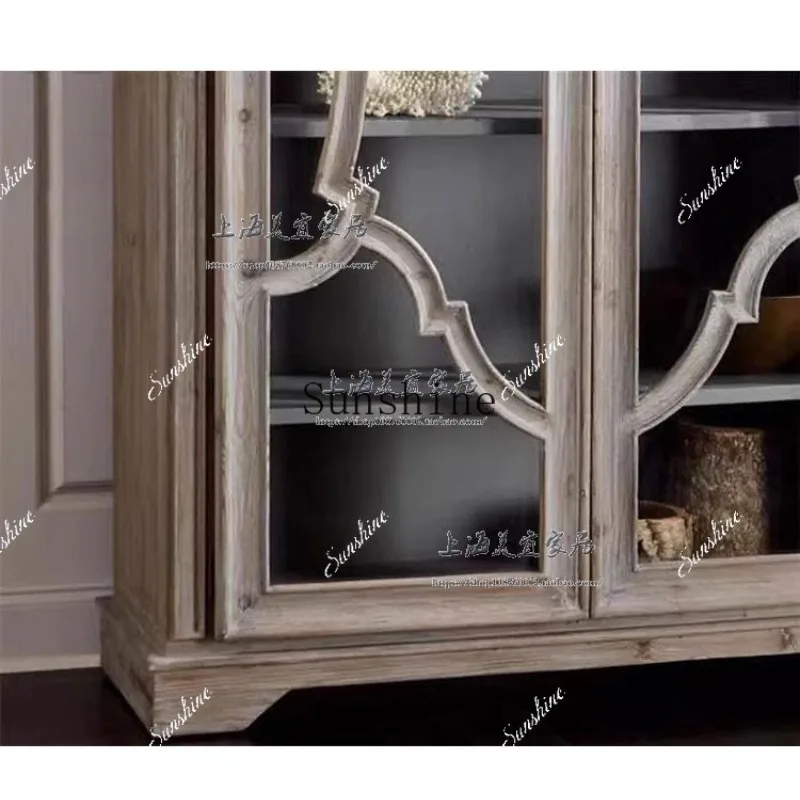 American solid wood double door glass wine cabinet retro wall simple bookcase  FT