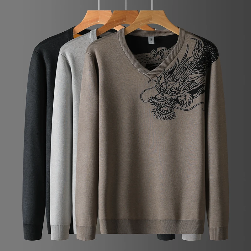 

Вязаный мужской свитер с принтом дракона, v-образный вырез, длинный рукав, эластичный тонкий осенний качественный пуловер из смесовой вискозы, трендовые Sueters De Hombre