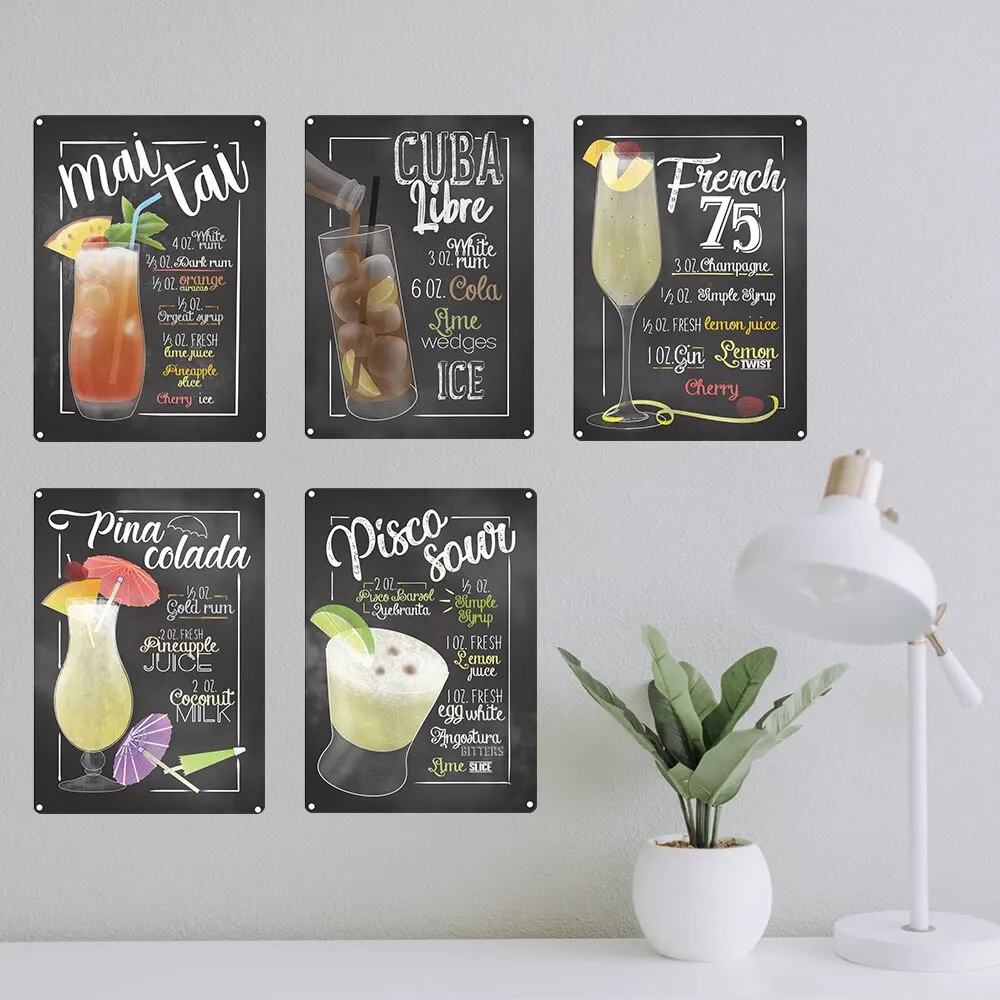 Vintage Metall Wandtafel Becher Cocktail Mojito Früchte Menü Zeichen für Bar Cafe Saft Shop Retro Weißblech Poster Malerei Hom