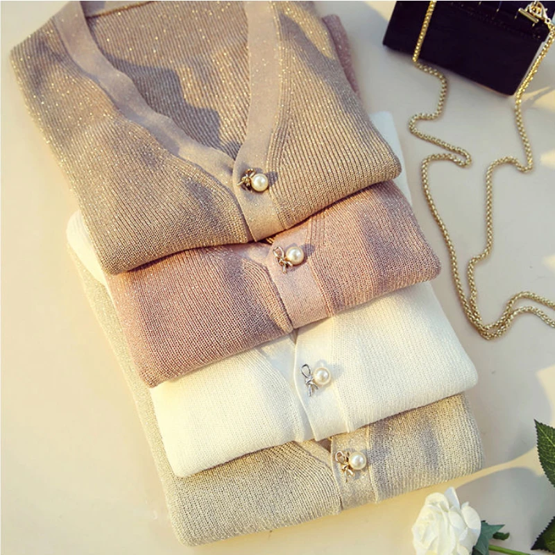 Pearl Buttons Glitter Vintage Long Sleeve Knitted Cardigan V-neck 2023 New Korean Fashion Solid Coats Thin Top Casual Jacket