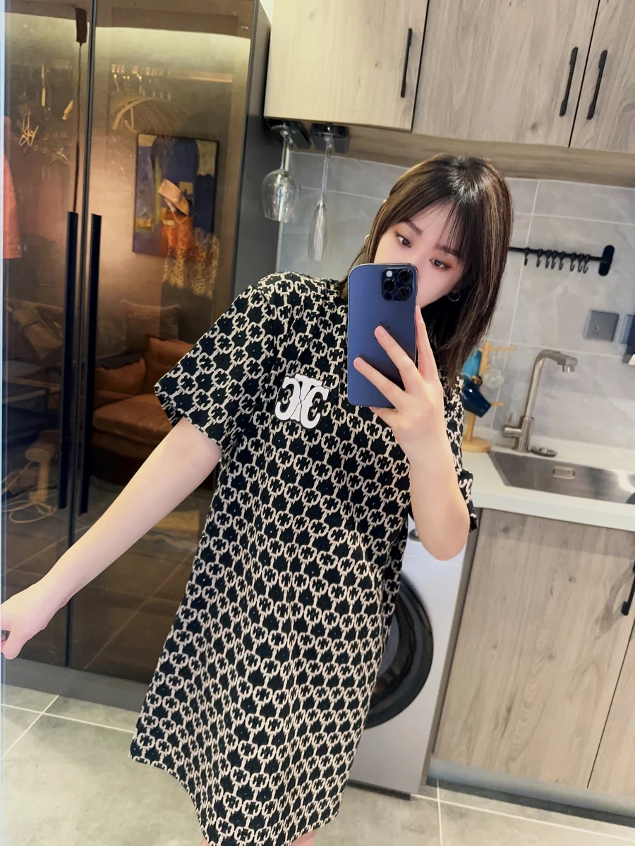 Trendy Black Drill Letters Printed Mid-long Women Tshirts New Summer Short Sleeve Dress Streetwear Tops All-match Loose O-neck