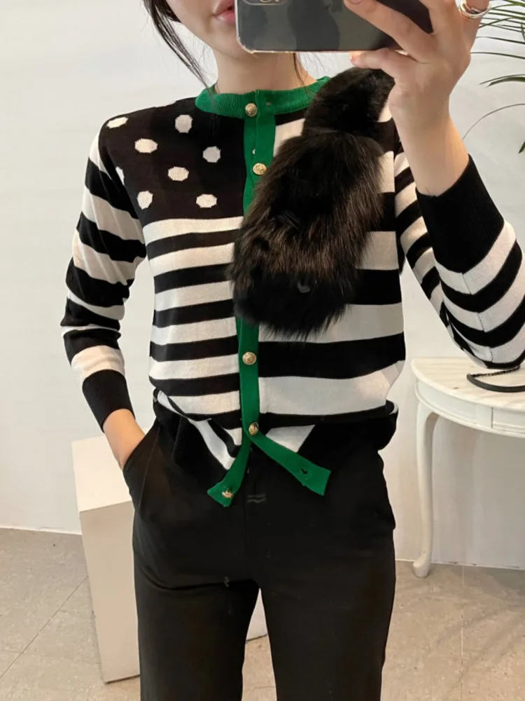 Autumn Striped Dot Knitted Women Cardigan Sweater Long Sleeve O-neck Single-breasted Tops Korean Vintage Elegant Woman Jumpers