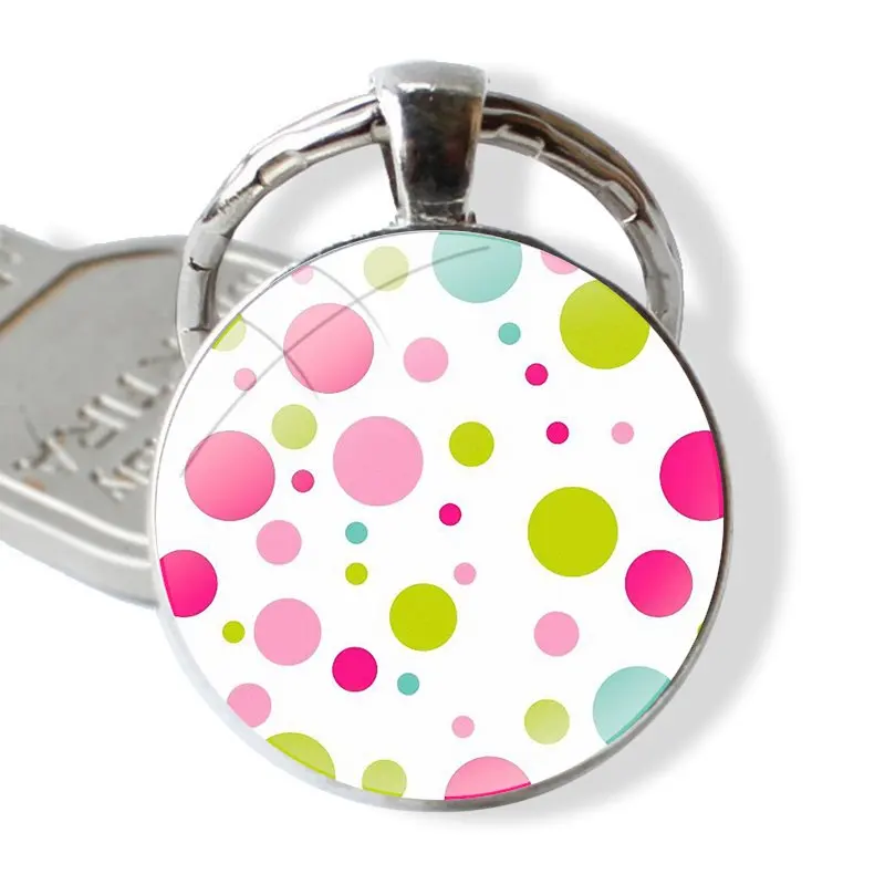 Polka Dots Glass Metal Pendant Key Chain Classic Men Women Key Ring Accessories Jewelry Gifts