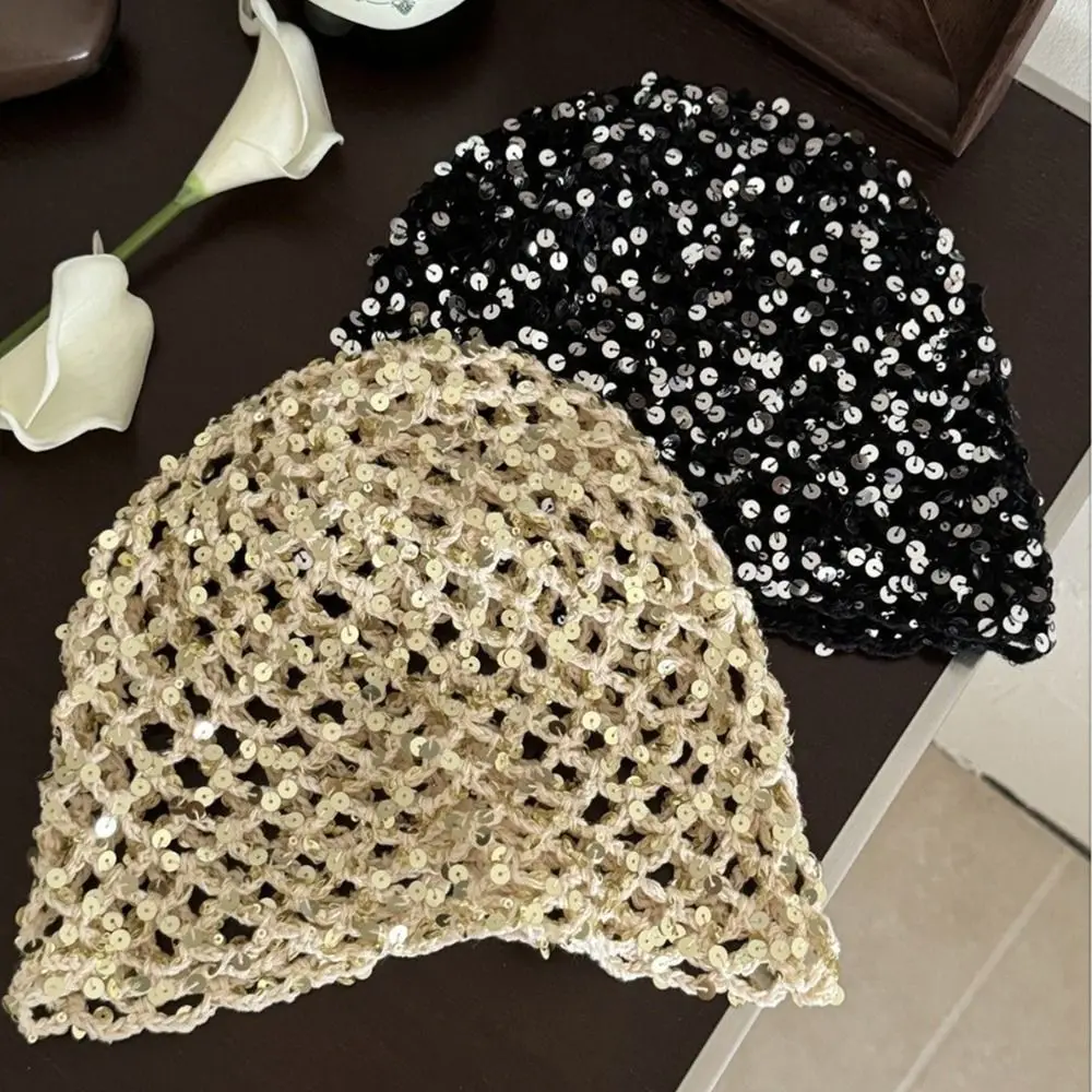 Gorro tejido con lentejuelas vintage informal Y2k, sombrero de cubo con lentejuelas huecas, gorro de punto fino, sombreros de verano