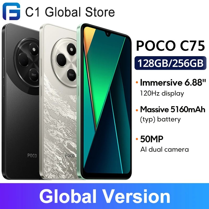الإصدار العالمي POCO C75 هاتف ذكي 6.88 بوصة 120 هرتز عرض Helio G81-Ultra 5160mAh بطارية NFC 50MP AI كاميرا مزدوجة