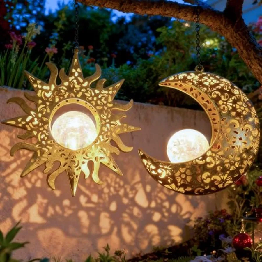 

Solar Hanging Sun and Moon Lights Set for Outside, 2 Pack Metal Lanterns Pierced Carving Soothing Lamp, Large Decorations for Y