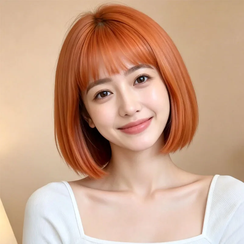 12-inch synthetic orange straight hair, delicate airy bangs, warm-toned hair color, creating a youthful and charming look.
