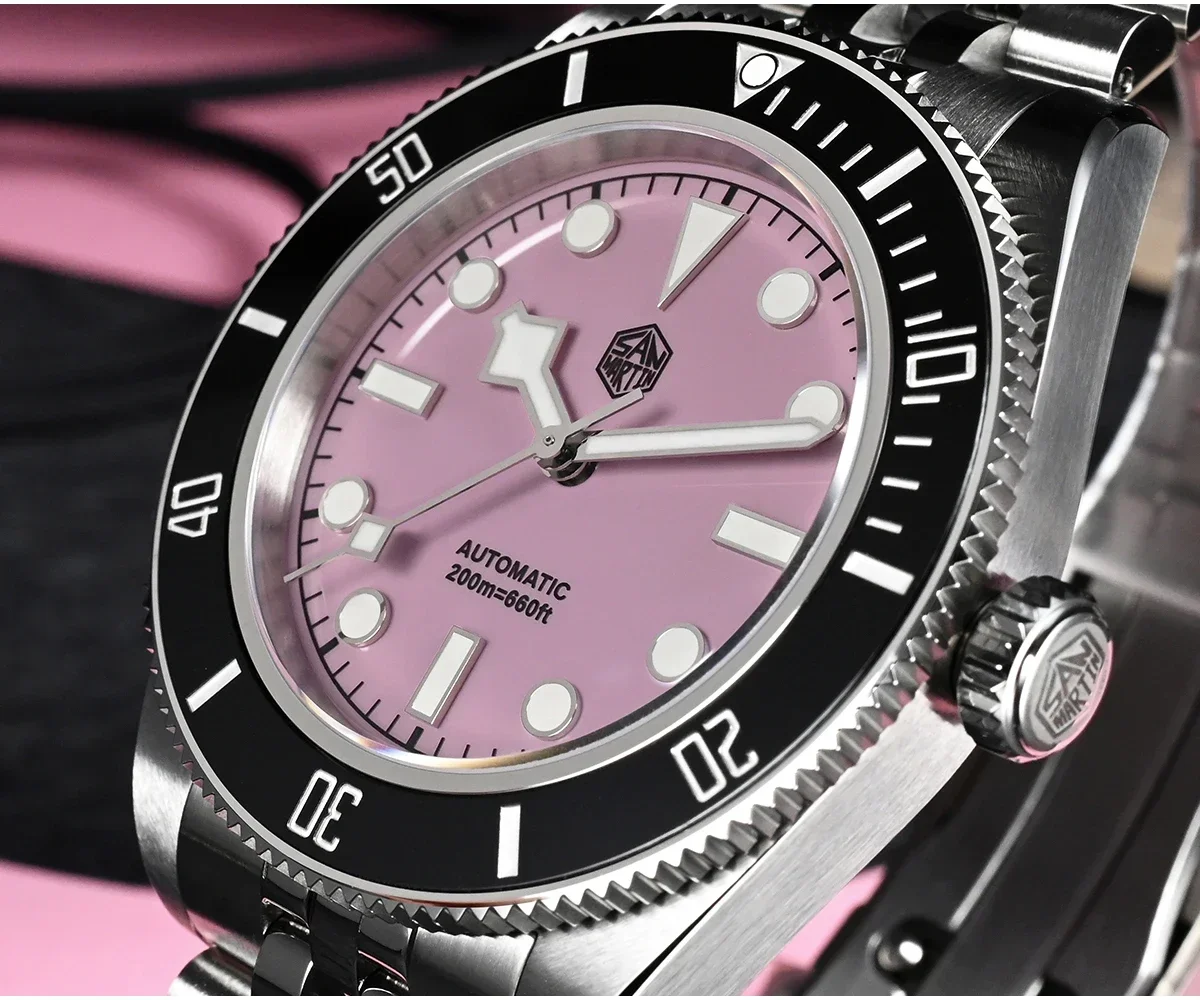 San Martin 40mm Pink BB Diver Watch NH35 Top Brand Classic Luxury Men\'s Automatic Mechanical Sapphire Waterproof 200m SN0128