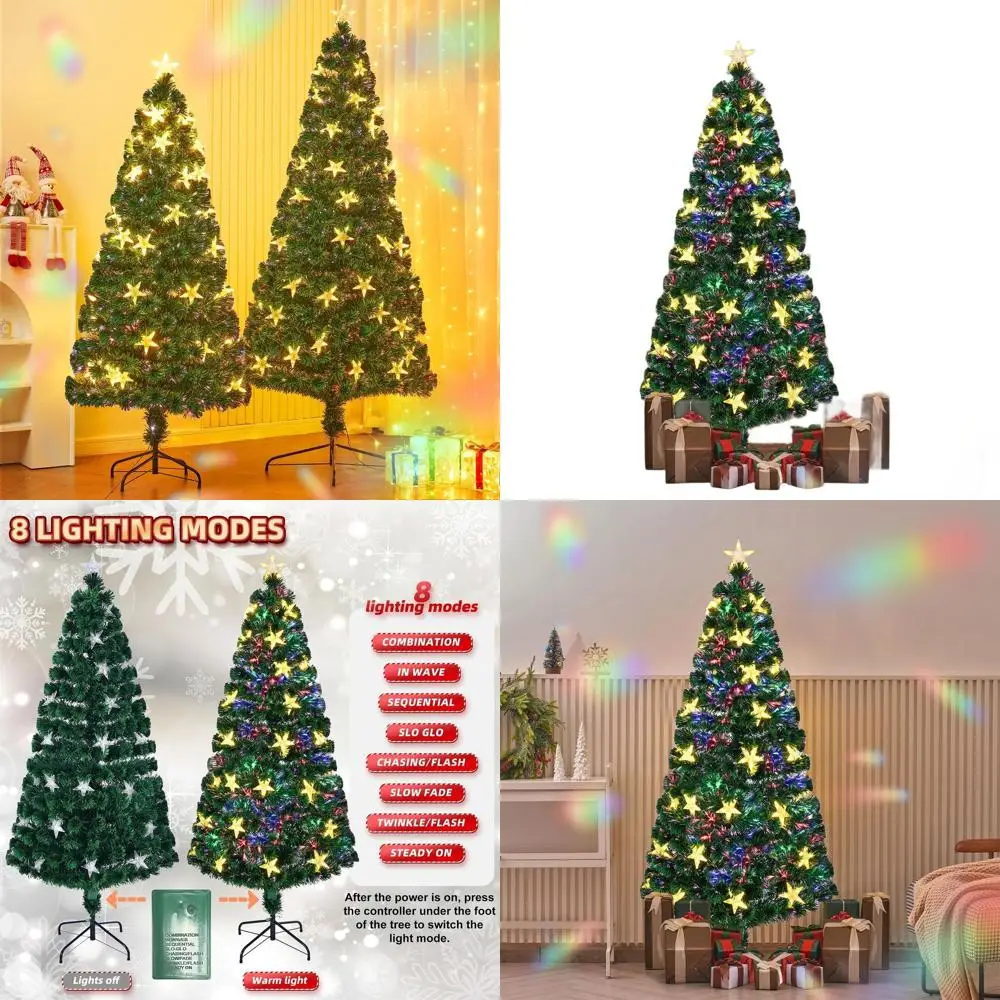 

6ft Illuminated Fiber-Optic Christmas Tree with Warm White Stars and Color-Changing Lights, Metal Legged Green Decorative Tree f