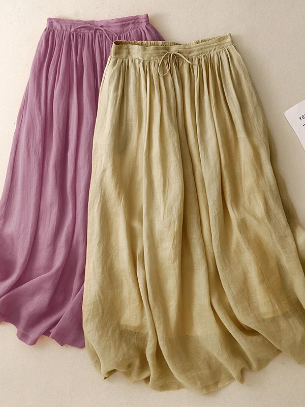Retro Flax Double Layer A-Line Midi Skirt Women Summer Loose Silky Slimming Skirts Cotton 70% Other 30% High Waist Long Skirt