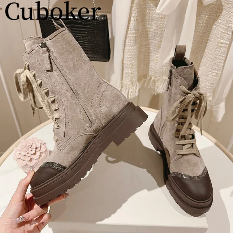 High Quality Women Suede Leather Boots Lace up Thick Sole Round toe Female Zip Ladies Motorcycle Short Boots Winter Women mujer