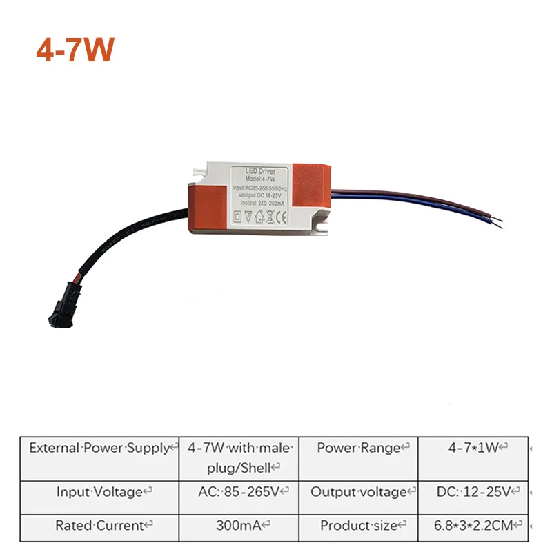 Controlador de corriente constante LED, 85-265V, 1-3W, 4-7W, 8-24W, 24-36W, salida de fuente de alimentación de 300mA, unidad externa para luz descendente LED