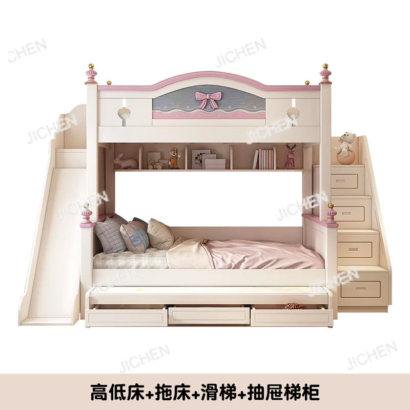 

Children's Bed on And Off Bed Girl Princess High and Low Bunk Wooden Mother and Child with Pink Multifunctional