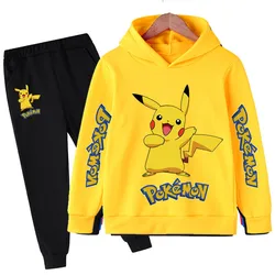 New Pokemon Pikachu Cartoon Printed Sweatshirt+Pants 2pcs Set Spring Autumn Kids Boy Girl Clothing Casual Hoodie Teen Sportsuit