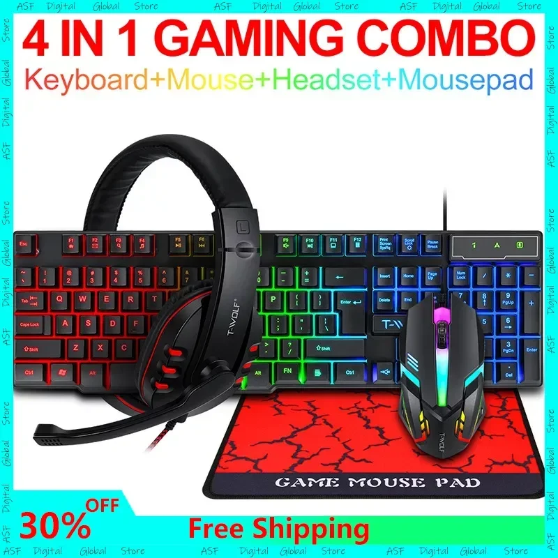 

TF-800 Gaming Keyboard Mouse Headset Mouse Pad Set Four Pieces Luminous Gamers Home Wired Keyboard Wired Mouse Russian Spanish