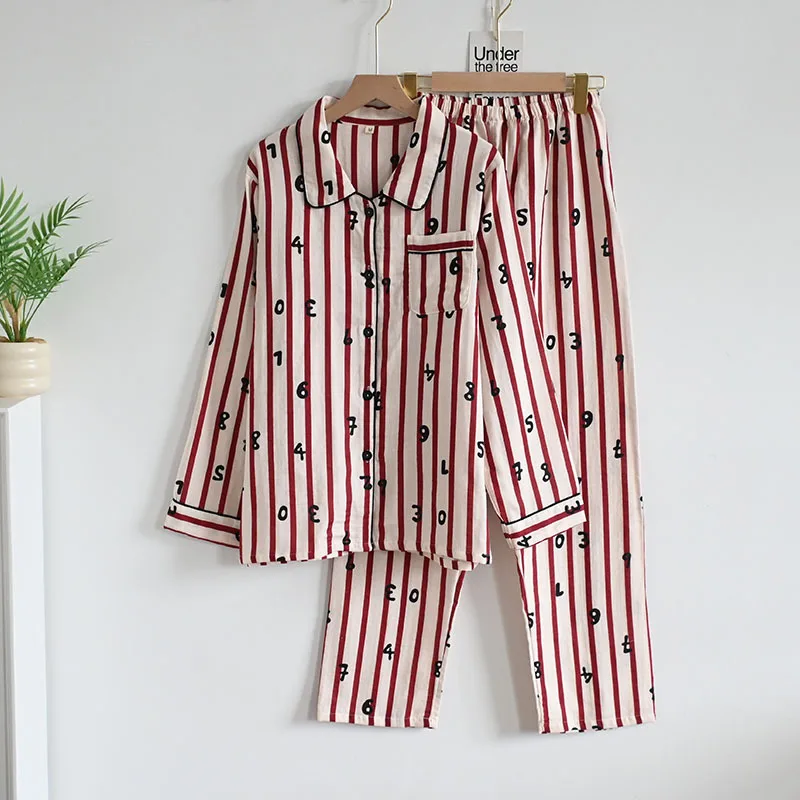 Women's Print Cotton Pajama Set Long Sleeve Autumn Winter Ladies Sleepwear 2 Pcs with Pant Single Breasted Pijama Suit Female