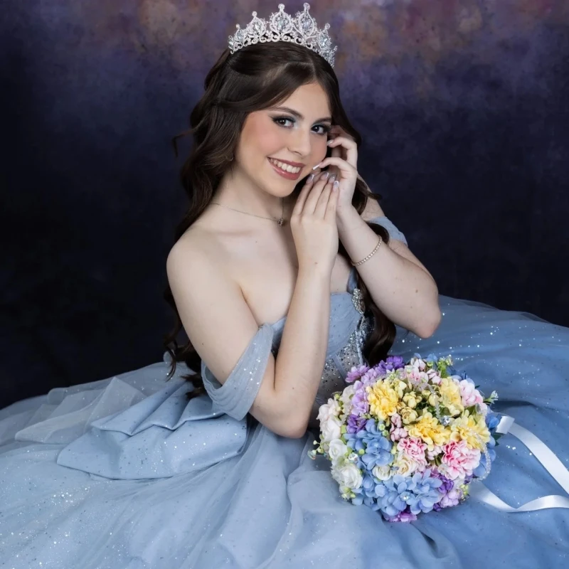 파란색 반짝이는 킨세아녜라 드레스, 오프숄더 비딩 크리스탈 리본 튤 파티 생일 스위트 16 드레스, 베스티도스 15 데 아뇨스