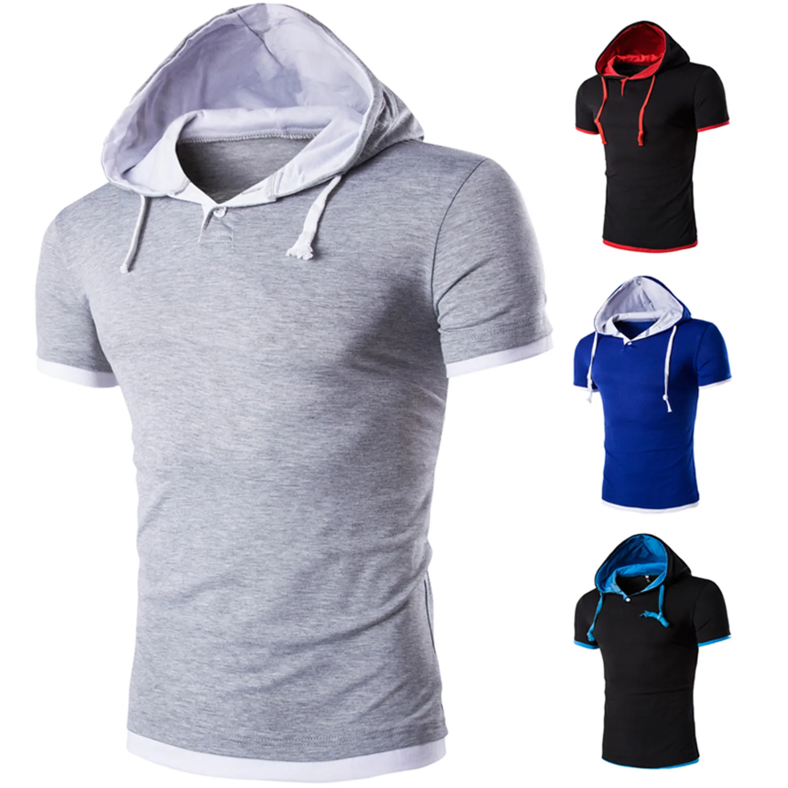 Men\'s Shirts Short Sleeve Men Fitness Muscle Hooded Bodybuilding Tight-drying T Shirt Tops Casual Summer Shirt For Men Clothing