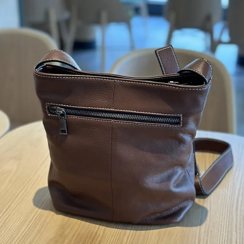 cowhide crossbody bag 2026 new Japanese casual retro all-matching leather women's shoulder bucket bag soft leather
