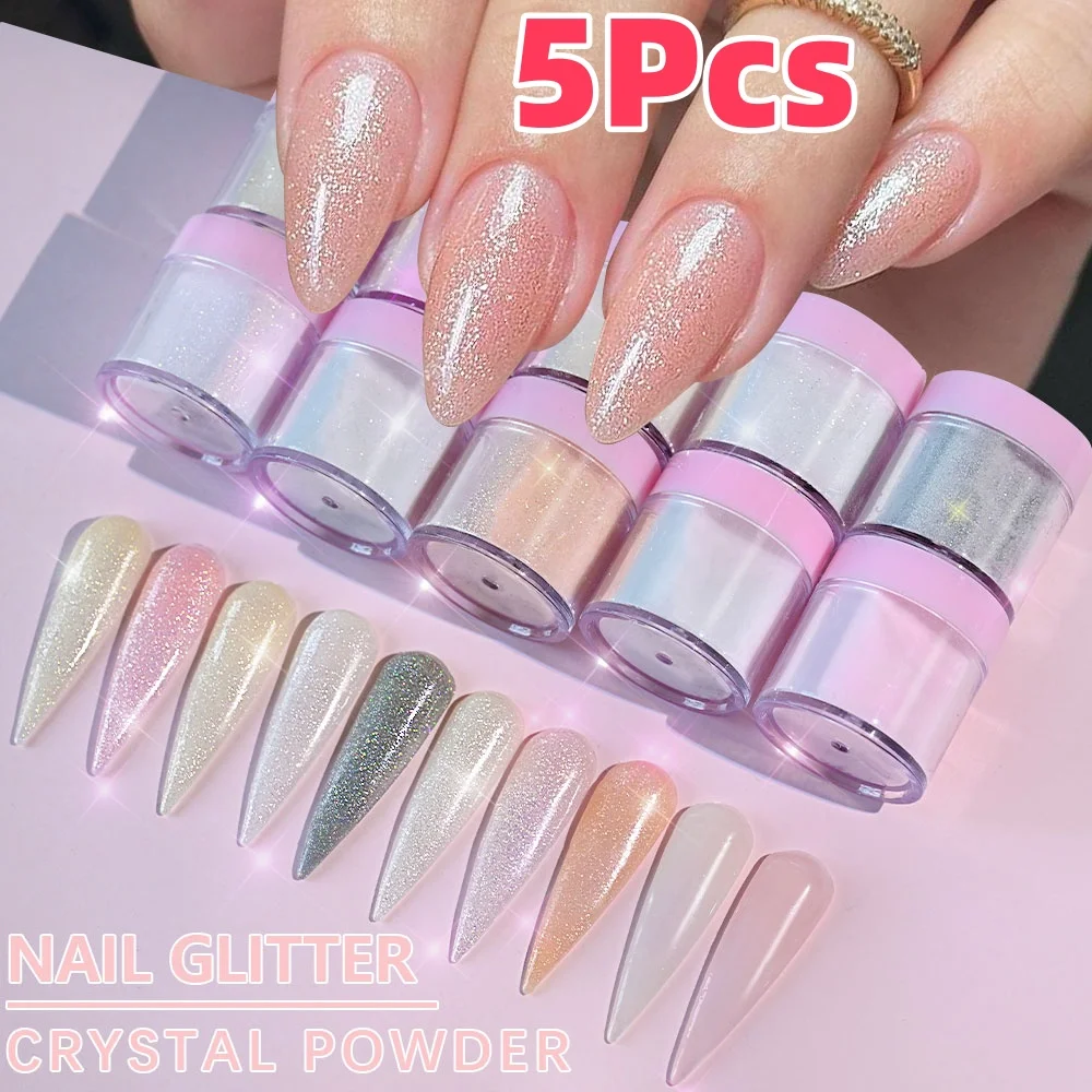 5Pcs/set Glitter Acrylic Nail Powder Pink/Nude Polymer Nail Art Crystal Powder for Craving/Extension DIY Manicure Salon Pigment
