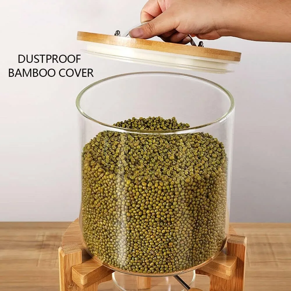 

Rice Dispenser Food Storage Containers Glass Grain Container with Airtight Bamboo Lids & Wooden Stand Cereal Dispenser Bucket
