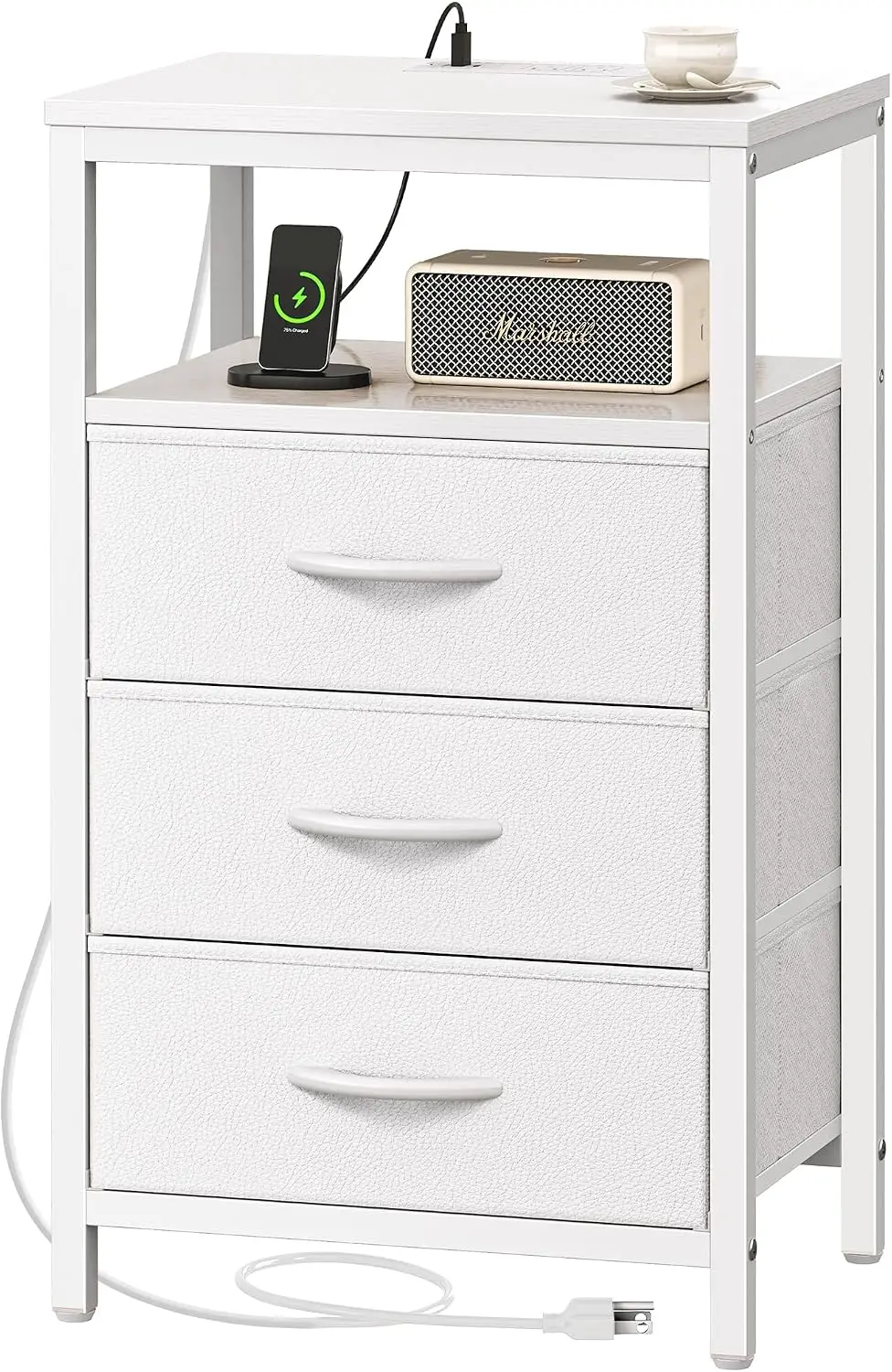

27.6" Nightstand with Charging Station, 3 Drawers, USB Ports & Outlets, PU Leather Finish, White