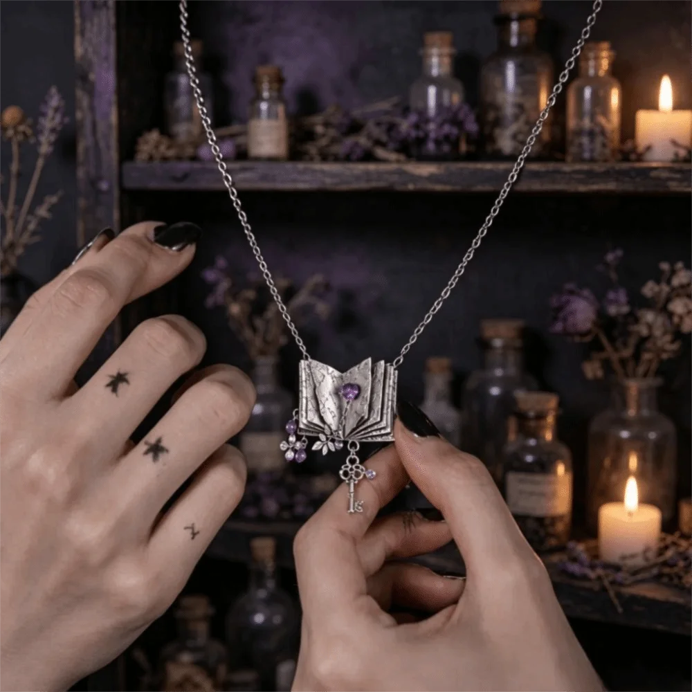 Elegant Purple Book Pendant Necklace Floral Leaf Retro Vintage Necklace Chic Design Antique Key Necklace Medieval Themed