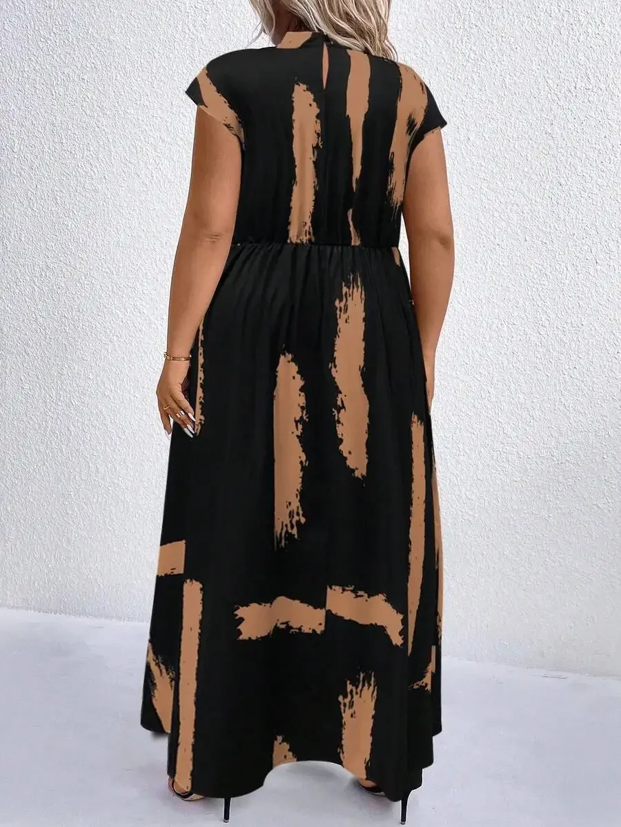 

Plus Size Abstract Print Mock Neck Maxi Dress Women Casual Outfit