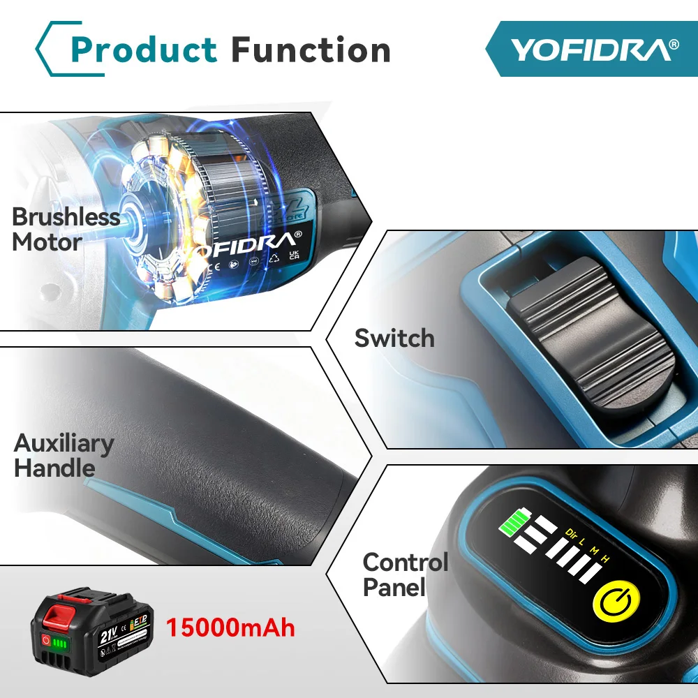 Obrázek 4: YOFIDRA 125mm bezuhlíkový úhel bruska akumulátorové broušení stroj řezací dřevoobráběcí energie nářadí pro makita 18V-21V baterie špendlík