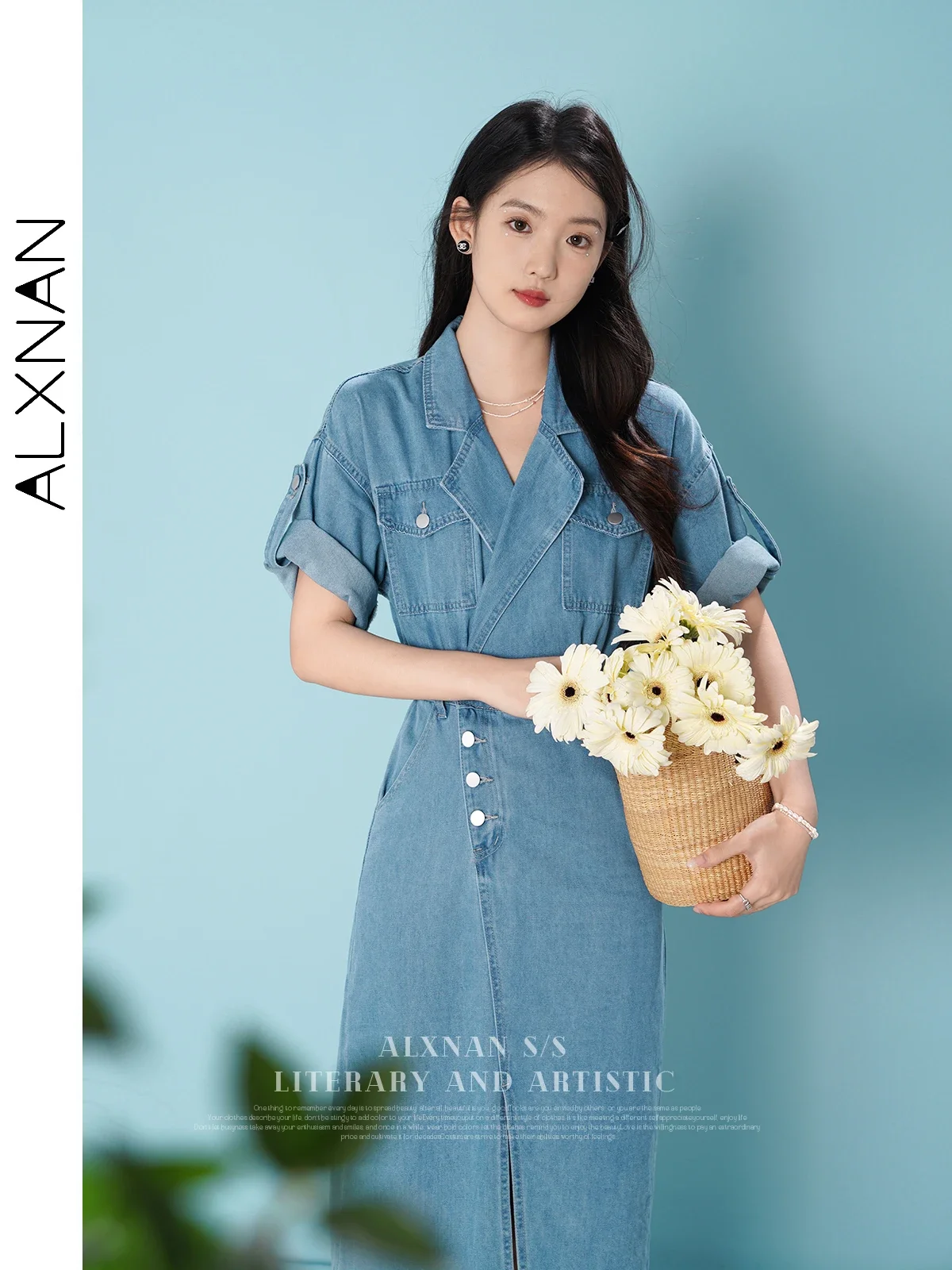 ALXNAN Women Summer Midi Denim Dress Female 2024 Casual Short Sleeve Patch Pockets Notched Collar Fitted Split Dress LXN29722