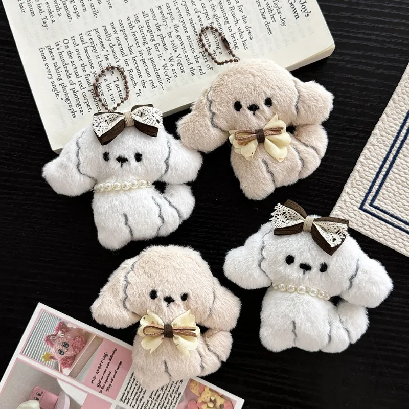 귀여운 플러시 강아지 참 장식, 인스 스타일의 재미있는 인스 리본, 소녀 감성의 하트 백팩 참 장식, 가방 및 열쇠용 강아지 키체인