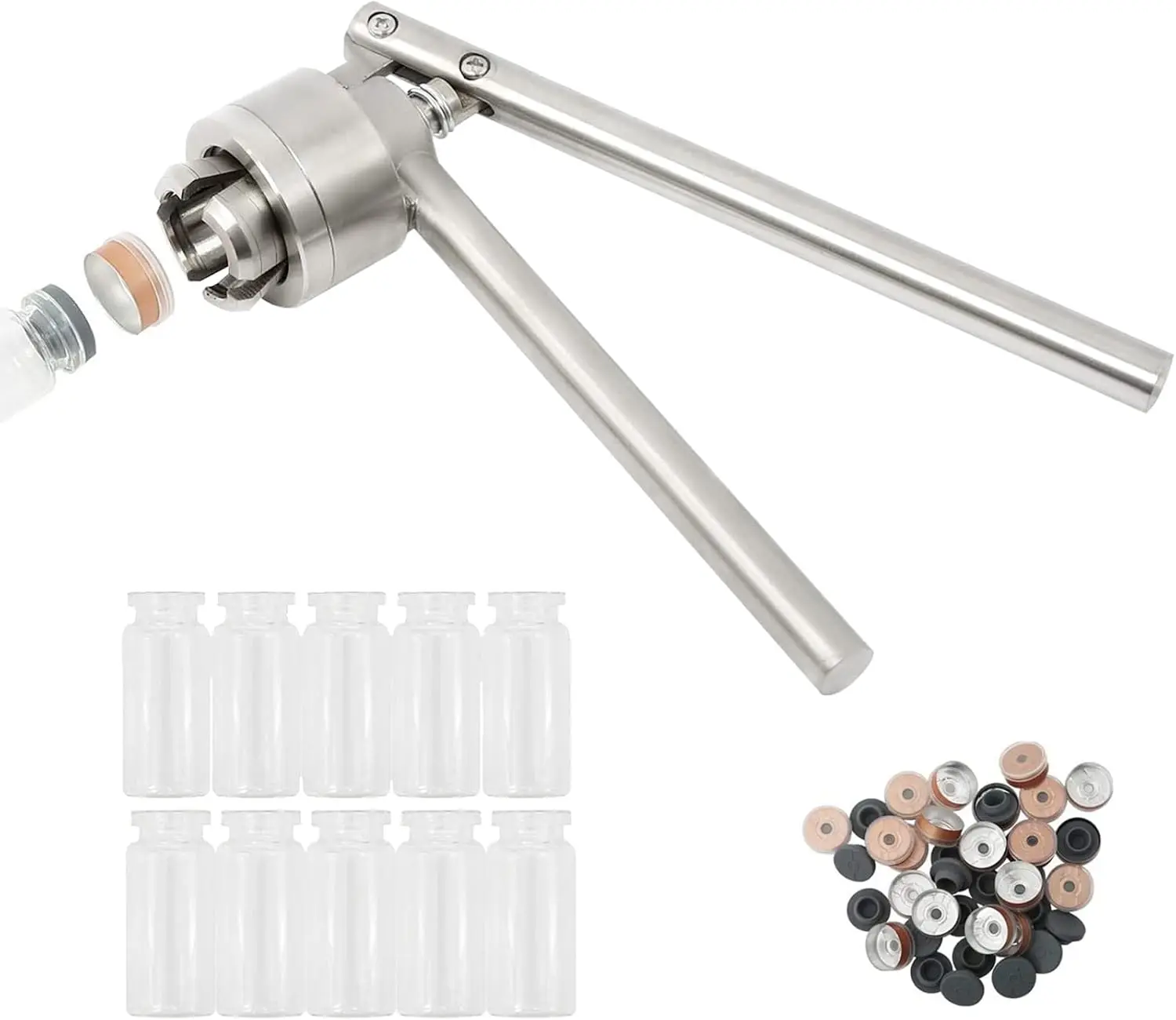 

20mm Vial Crimper Manual Sealer Hand Sealing Machine with 10 Sets of 10ml Vials, Stoppers, and Caps for Pharmaceutical and