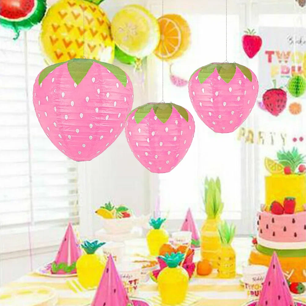 3Pcs/Set Sweet 3D Strawberry Paper Lanterns Garden Hanging Ornament Background for Kids Birthday Baby Shower Party Decoration