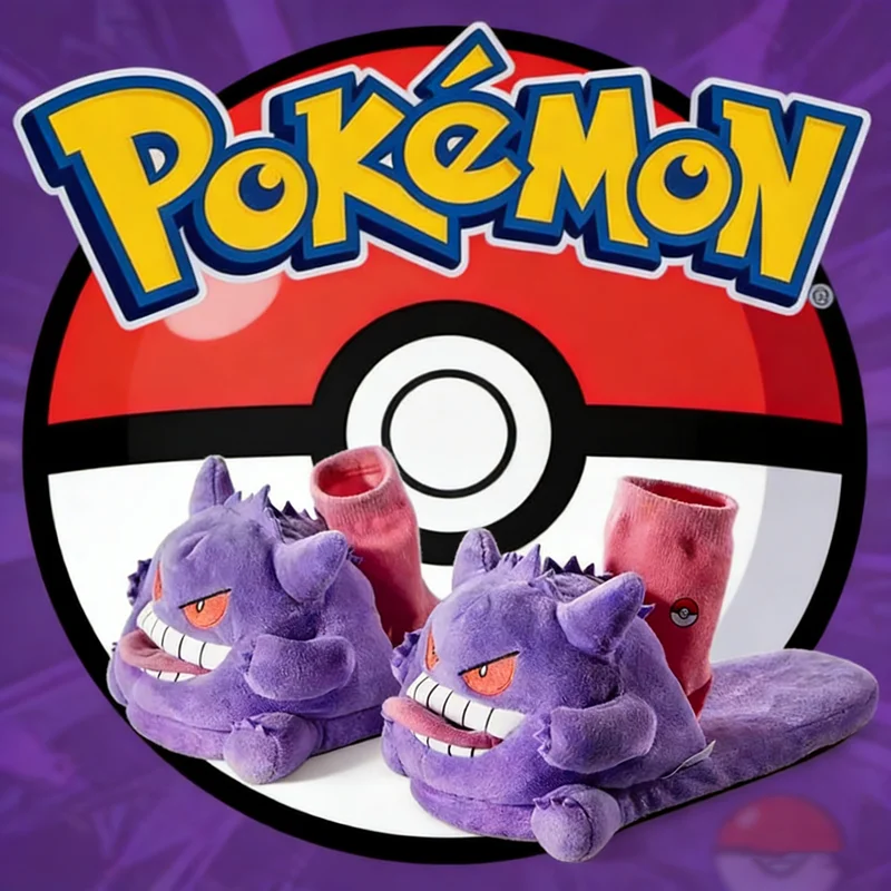 

2026 New Tongue Out Gengar Slippers Creative Design Pokemon Gengar Cotton Slippers With Socks Cartoon Winter Warm Shoes 36-42