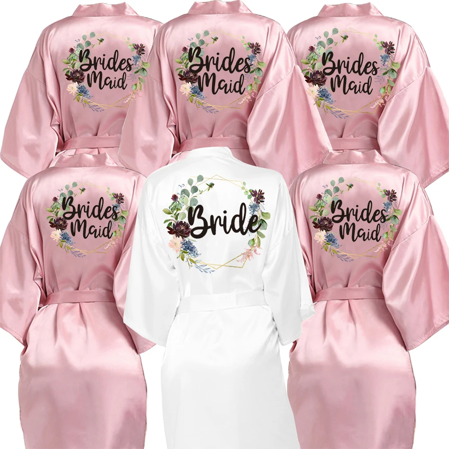 Bride Satin-Silk Bathrobe for Bridal Short Wreath Robe Women's Bridesmaid Gift for Wedding Party Team Shower Engagement Robes