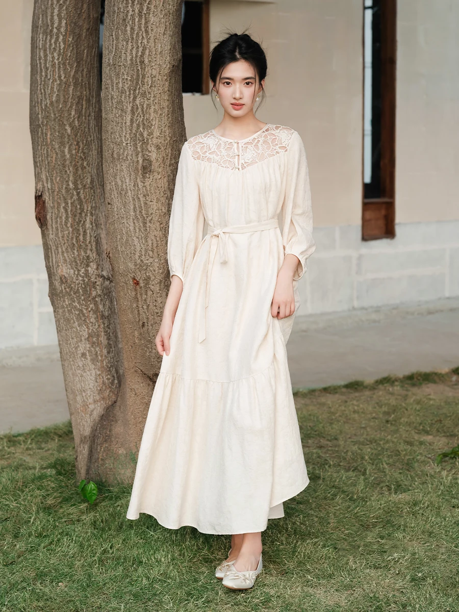 

New 2026 Chinese Sle Floral Embroidery Lace Hollow out Long Dr Women's Linen Belted Dr Casual Sle Hanfu Gown
