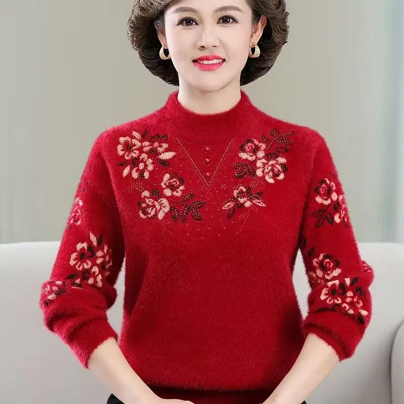 Women Autumn Winter Elegant Loose Embroidered Mock Neck Long Sleeve Fleece Knitwear Ladies All-match Knitting Bottoming Shirt