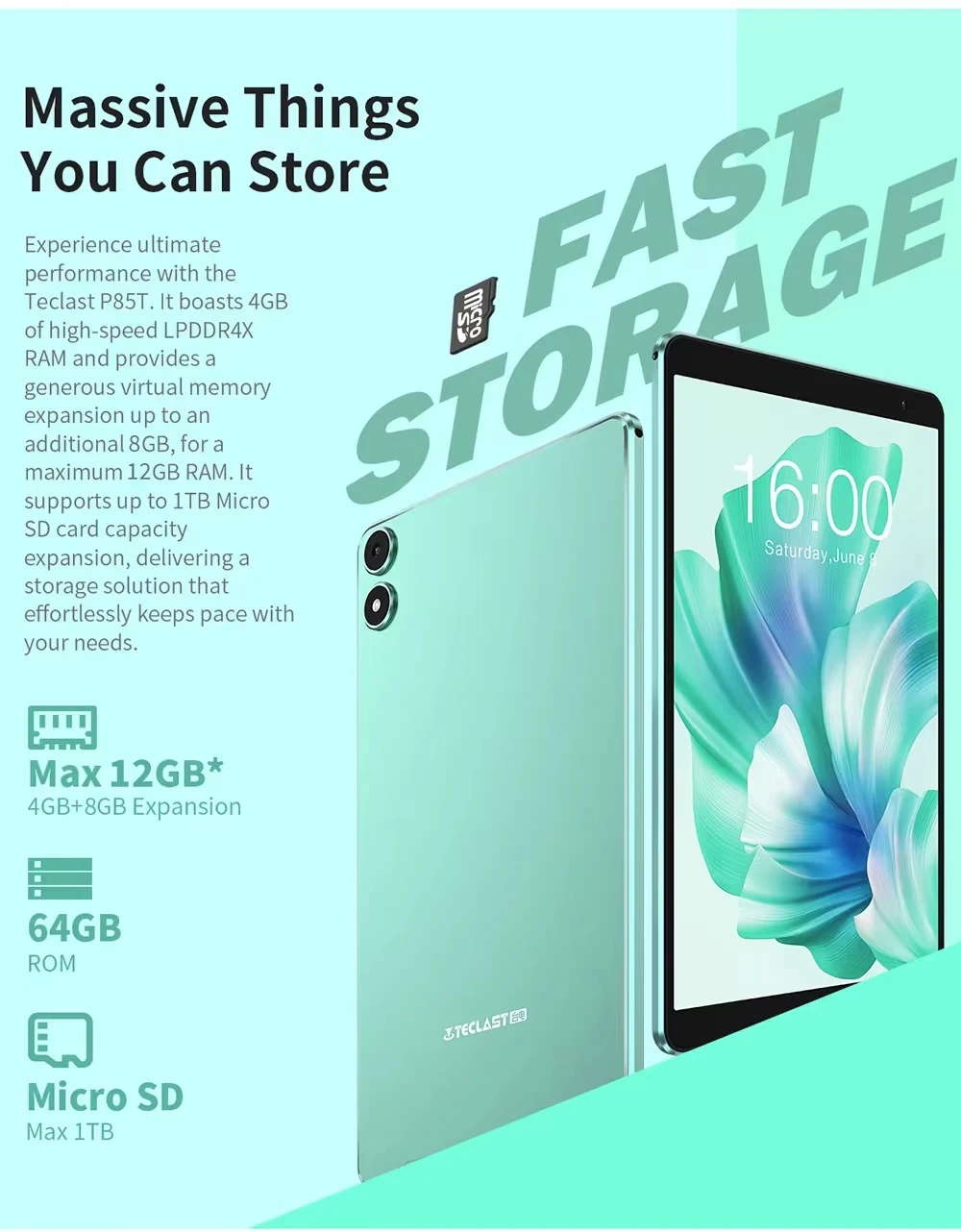 Teclast P85T Tablet PC Allwinner A523 8-Core/8inch 1280*800 HD IPS/4GB RAM/64GB ROM/5000mAh Type-C/Android 14/WiFi6+BT5.2
