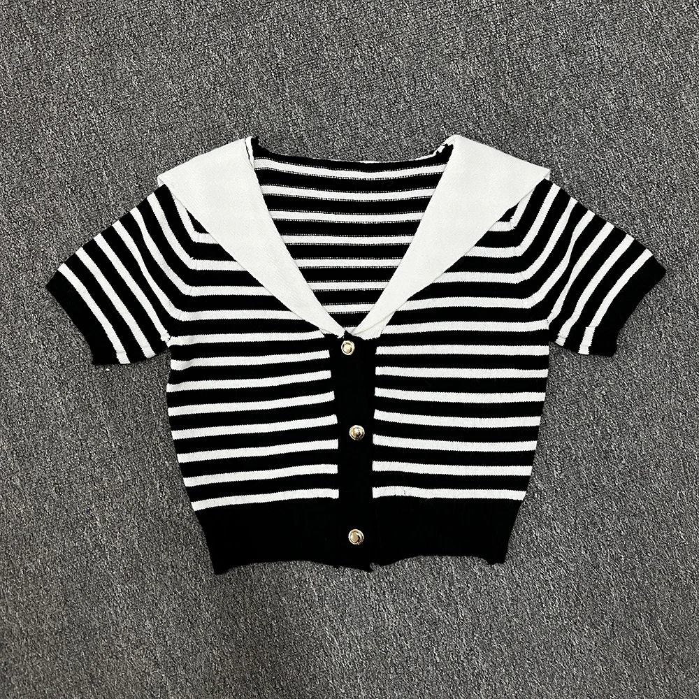 Early Spring Retro Navy Collar Knitted Short Sleeved Pullover for Women's Simple Black and White Striped Age Reducing Top