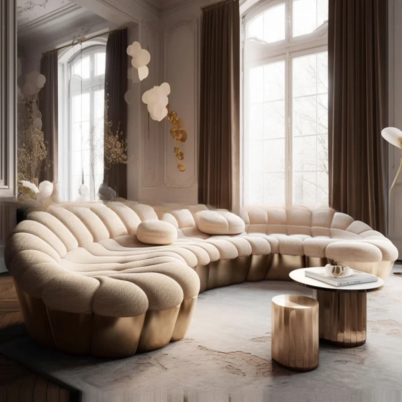 Cream style living room sofa, curved technology feeling sofa, quiet wind solid wood reception sofa, lobby curved sofa