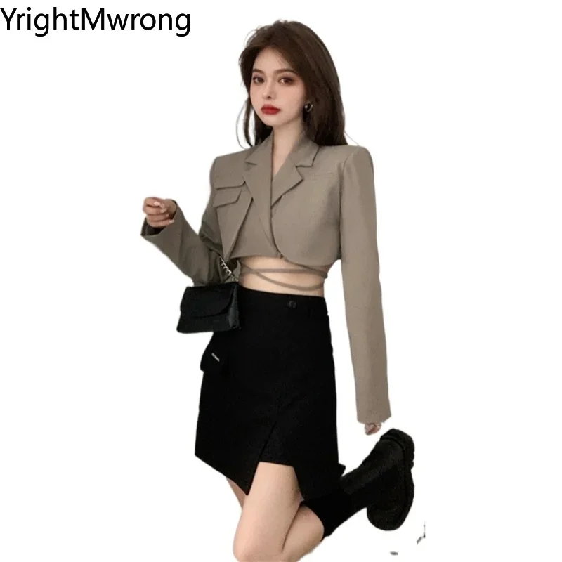 Cross Waist Lace-Up Short Lapel Blazer Sexy Slim Crop Top Women Korean Fashion Outfit Coat Chaqueta Fall y2k Korean Cloth Ladies