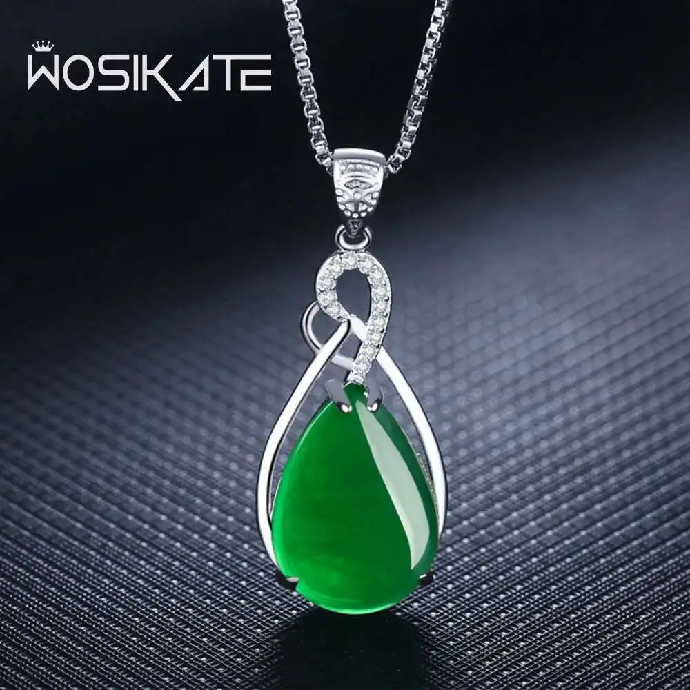 

WOSIKATE Natural Red Corundum Pendant Chalcedony Gemstone Green Agate Necklace For Women Silver 925 Jewellery Clavicle Chain