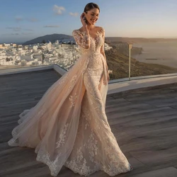 Precioso Vestido De Novia De sirena De manga larga con Apliques De encaje para novia, decoración De botones, ilusión en la espalda, personalizado