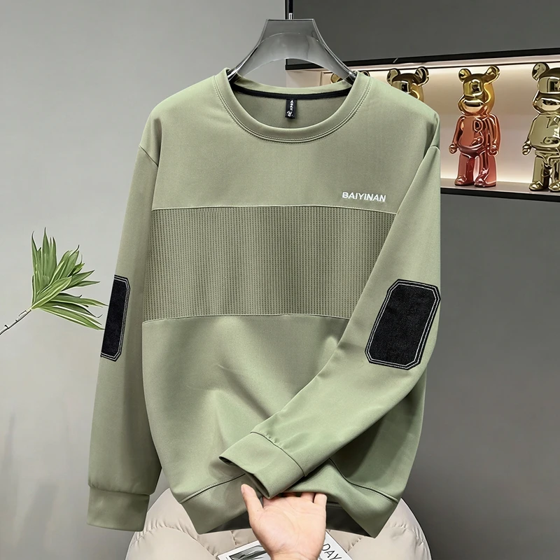 Plus Size Men Autumn Sweatshirt Embroidered Lettering Spliced Design Trendy Patchwork Color Block Crew Neck Casual Top170kg 10XL