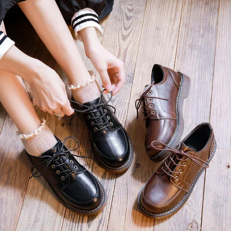 New Women Oxfords Women\'s Shoes Ladies Leather Female Round Toe Sewing Retro Comfortable Footwear Lolita Shoe Brown Plus Size 40