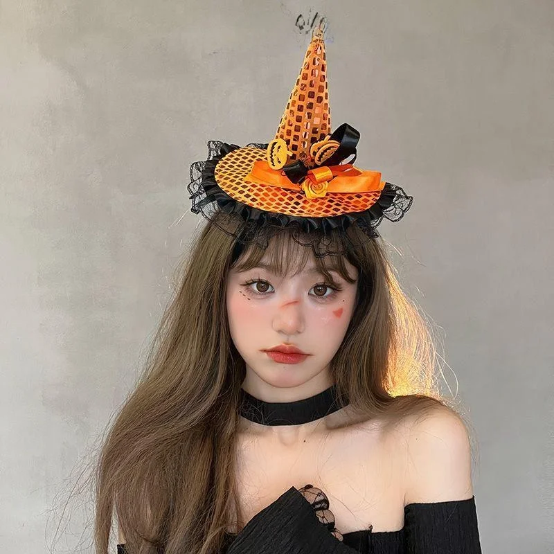 Acório de Moda Fena para loween: Tiara de Bruxa com Chapéu Mágico, Decoração de Clipe de Cabelo com Borda de Renda,...