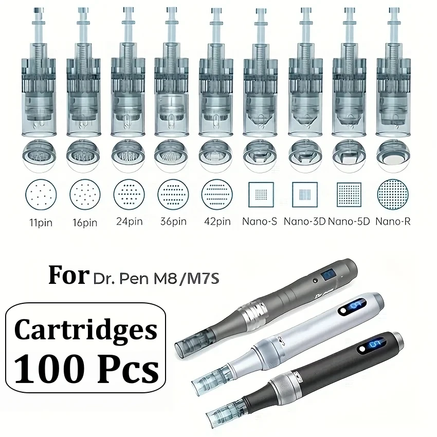 100pcs-11-16-24-36-42pin-nano-disposable-replacement-cartridges-needles-for-dr-pen-m8-m7s-derma-pen-025mm-needle-length