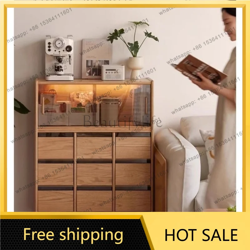 Zj. Solid wood modern simple restaurant locker oak home storage glass cabinet